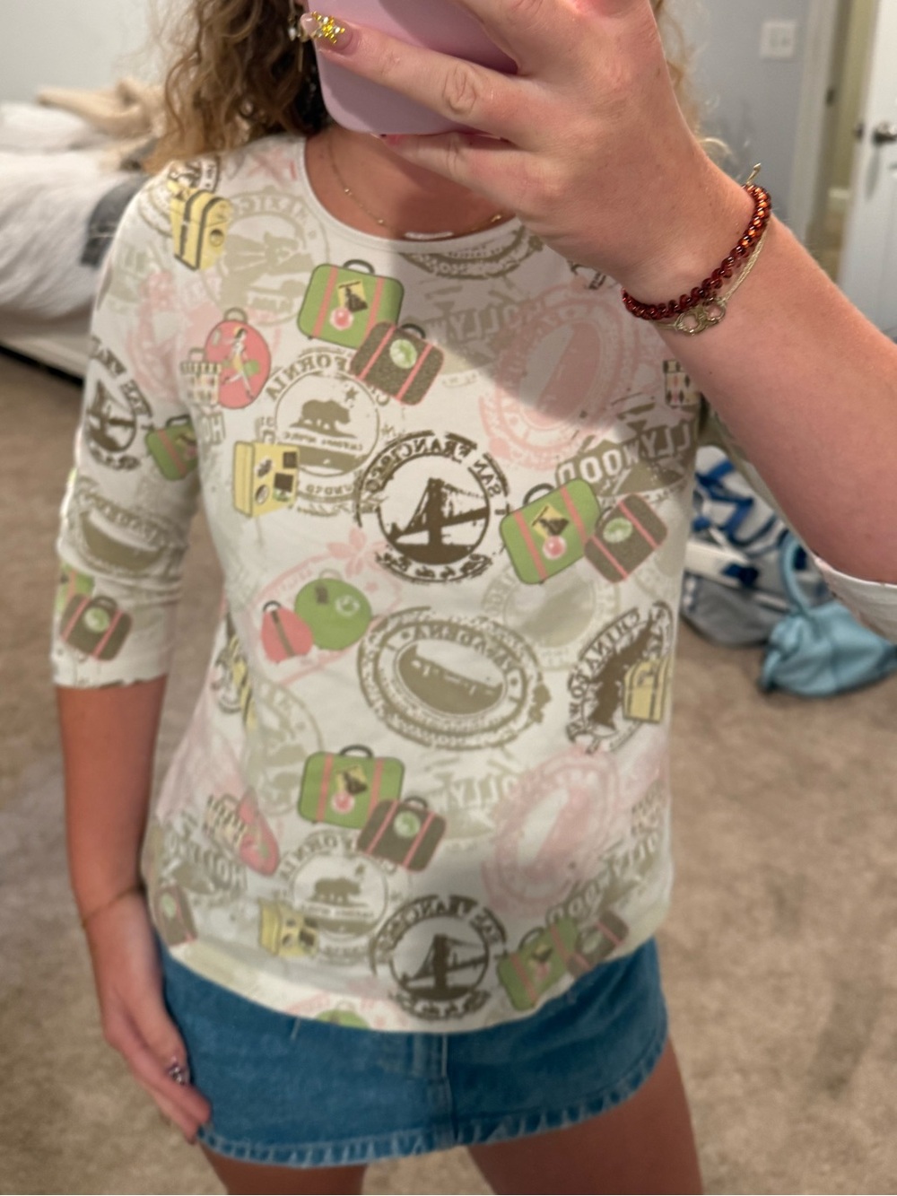 Printed Crewneck Top - White with Pastel Travel Motif